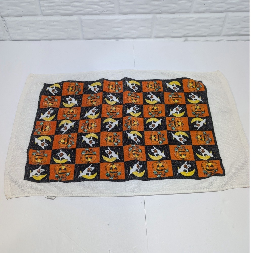 Vintage 90s Halloween Hand Towel Ghost Pumpkin Checkered Cotton Retro Holiday